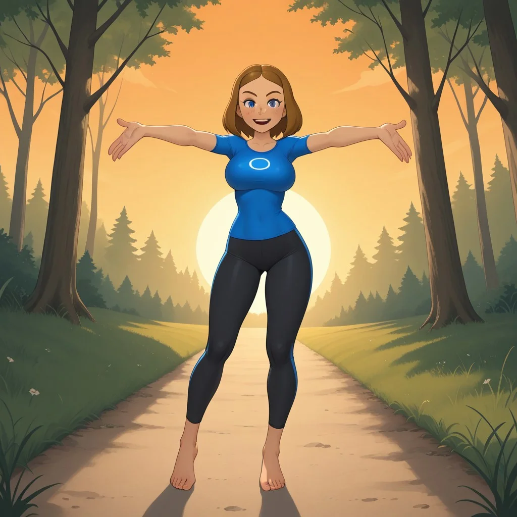 score_9, score_8, BREAK, solo, wii, mii, wii sports, 1girl, female mii, cute, dark blonde hair, blue eyes, freckles, open mouth, dark blue clothing, black pants, barefoot, AbbyWS, breasts, nintendo mii, modern_mii, classic_mii, tall, adult female, mature female, big breasts, sexy pose, self portrait, smile, looking at viewer, outdoors, sunlight, shadows, evening lighting, natural lighting, forest, trees, grass, orange sky, sunset