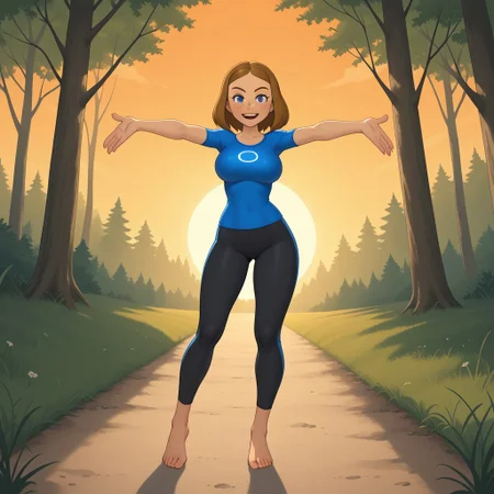 score_9, score_8, BREAK, solo, wii, mii, wii sports, 1girl, female mii, cute, dark blonde hair, blue eyes, freckles, open mouth, dark blue clothing, black pants, barefoot, AbbyWS, breasts, nintendo mii, modern_mii, classic_mii, tall, adult female, mature female, big breasts, sexy pose, self portrait, smile, looking at viewer, outdoors, sunlight, shadows, evening lighting, natural lighting, forest, trees, grass, orange sky, sunset