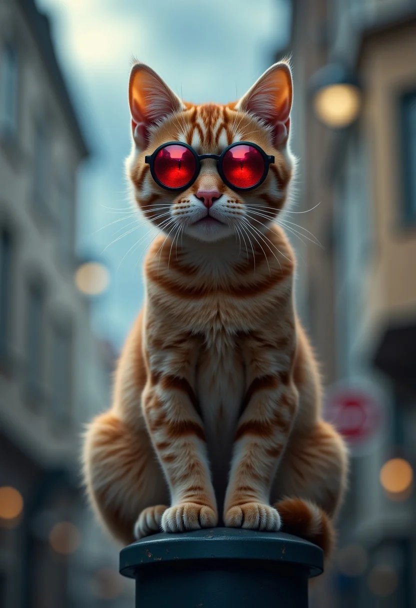 cat with round glasses with red lenses sits on a streetlight pole, surreal, avant-garde, hyper-detailed, professional photoshoot, ultra-sharp, vivid colors, humor atmospheric, full-scene view, aidmaimageupgrader