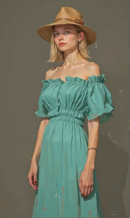 Full shot of a blonde woman wearing a light teal-blue, off-the-shoulder, midi-length dress with a ruffled top.
The woman is positioned slightly angled toward the camera, her expression neutral and her gaze directed forward. She is wearing a light beige or tan straw-like hat with a light brown or beige band. Her hair is shoulder-length and light blonde, styled straight. Her nails are a deep red.
The dress features a ruched, layered off-the-shoulder neckline with two tiers of ruffles. The fabric of the dress appears structured and slightly form-fitting below the ruffles, creating a midi length.
The background is a plain, muted gray-brown tone. The lighting is even and highlights the woman's features and the texture of the dress without harsh shadows. A discreet bracelet is visible on her left wrist., <lora:FLUX-daubrez-DB4RZ-v2:1> DB4RZ, DB4RZ style painting