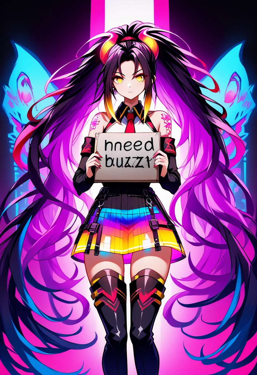 need_buzz, holding sign, demon girl, absurdly long hair,neon hair,ponytail,hair ornament,dreadlocks,hair between eyes,parted bangs,yellow eyes, white shirt,collared shirt,bare shoulders,sleeveless shirt,red color necktie,detached sleeves,black sleeves,shoulder tattoo,fringe,black thighhighs,miniskirt,holographic skirt,zettai ryouiki,thigh boots,colorful light background