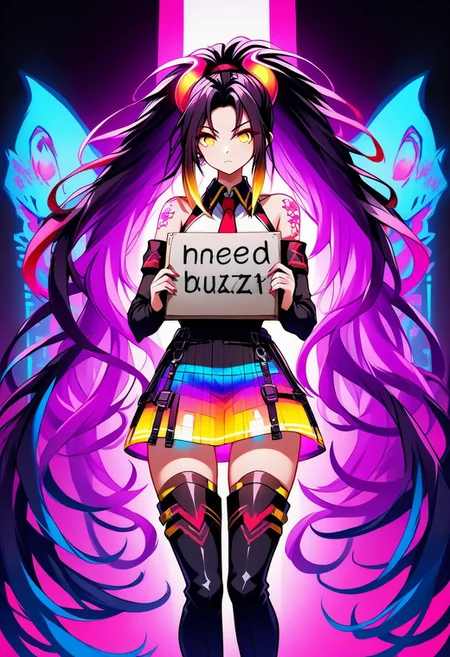 need_buzz, holding sign, demon girl, absurdly long hair,neon hair,ponytail,hair ornament,dreadlocks,hair between eyes,parted bangs,yellow eyes, white shirt,collared shirt,bare shoulders,sleeveless shirt,red color necktie,detached sleeves,black sleeves,shoulder tattoo,fringe,black thighhighs,miniskirt,holographic skirt,zettai ryouiki,thigh boots,colorful light background