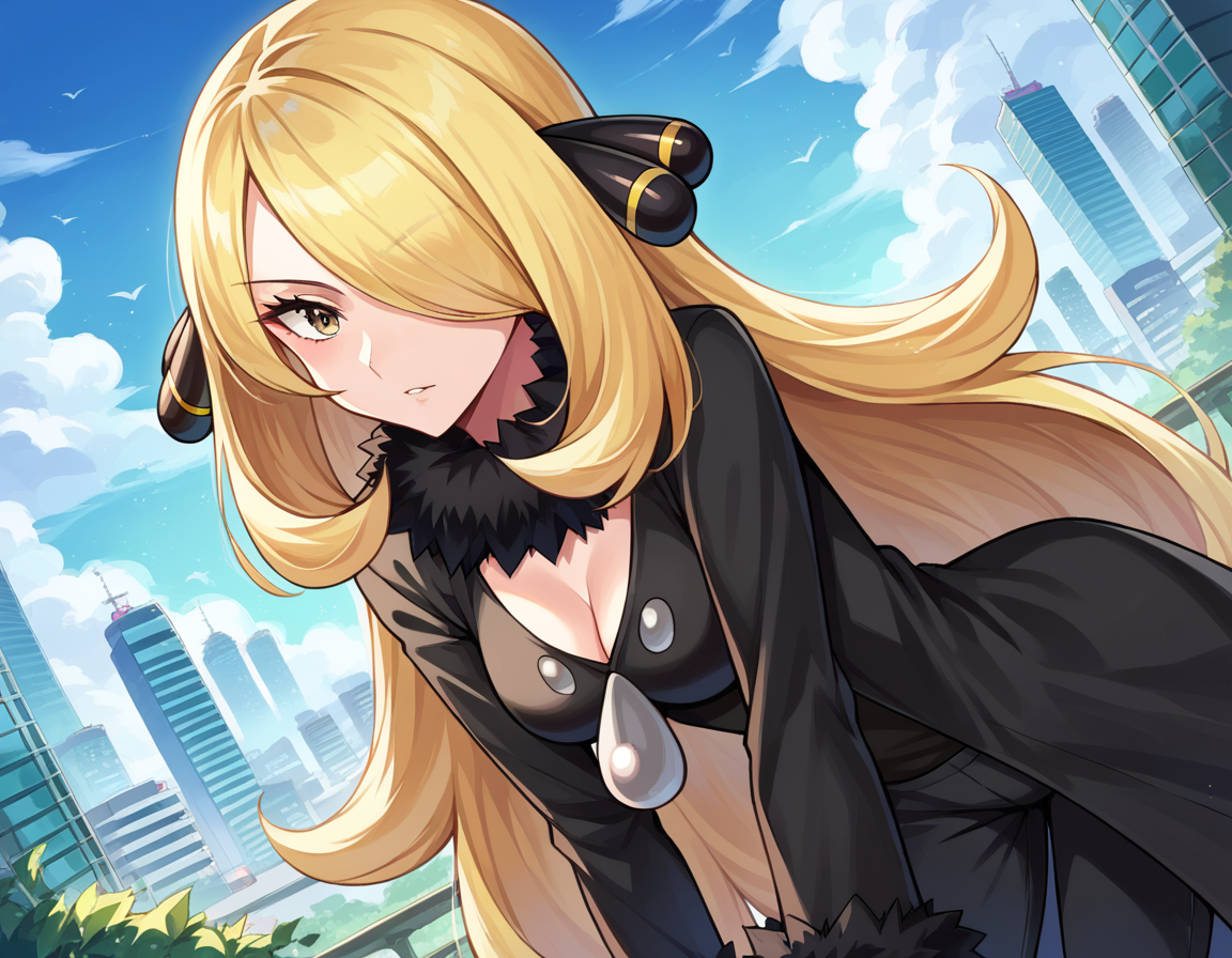 score_9, score_8_up, score_7_up, source_anime,
pokemoncynthia, <lora:pokemon-cynthia-ponyxl-lora-nochekaiser:1>
pokemoncynthia, blonde hair, hair ornament, hair over one eye, long hair, yellow eyes,
black coat, black pants, black shirt, coat, fur collar, fur trim, fur-trimmed sleeves, pants, shirt,
outdoors, cityscape, bent over,
looking at viewer, cowboy shot, dutch angle,