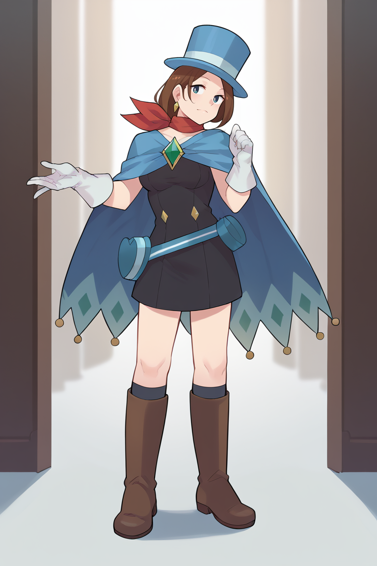 score_9, score_8_up, score_7_up, BREAK,  <lora:ntrman-guy-PONYv1:1>, 1girl, solo, breasts,  <lora:aa_trucywright_ponyXL:0.95> trucy wright, top hat, dress, cape, white gloves, boots, scarf, earrings