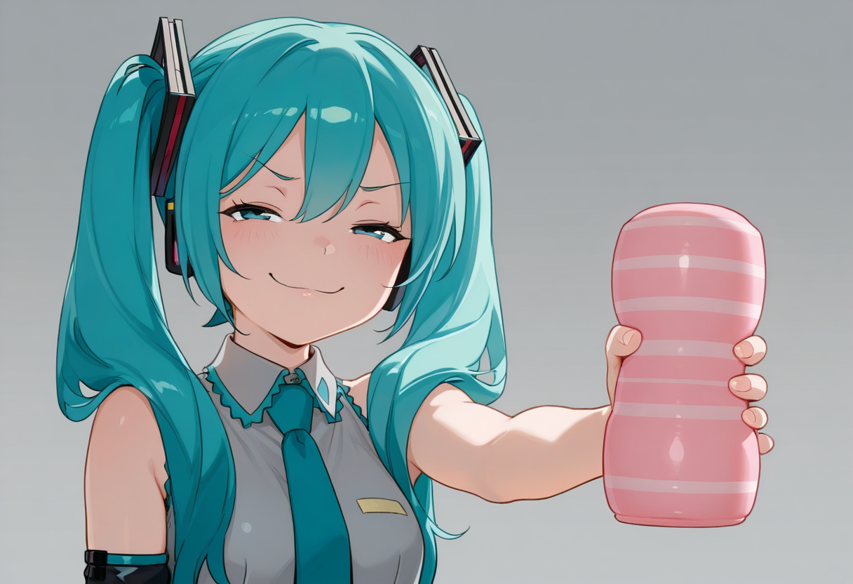 (masterpiece, high quality, amazing detail), highres, you can just give this kind of thing to men and they will be thrilled (meme), 1girl, hatsune miku, twintails, smug, holding, artificial vagina <lora:you_can_just_give_this_kind_of_thing_to_men_and_they_will_be_thrilled_meme-06:1>