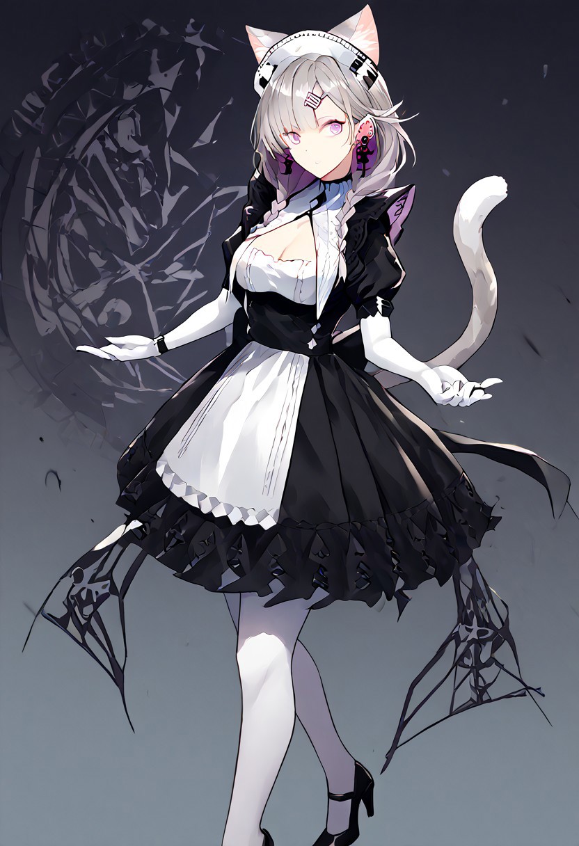 score_9, score_8_up, score_7_up, score_6_up, score_5_up, score_4_up, source_anime, 1girl, solo, 
KazemaruMAID, animal ears, grey hair, cat ears, cat tail, cat girl, extra ears, purple eyes, blunt bangs, maid, maid headdress, black dress, puffy sleeves, hairclip, cross earrings, twin braids, breasts, cleavage, earrings, elbow gloves, jewelry, white gloves, white pantyhose, high heels, black footwear, 
masterpiece, best quality, very aesthetic, absurdres,