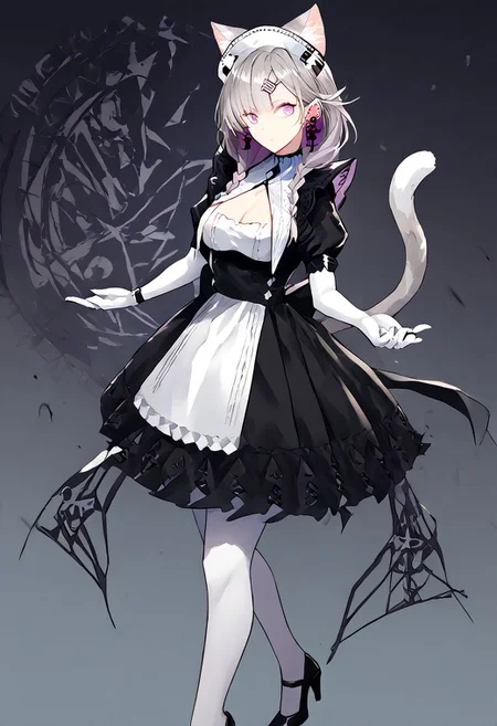 score_9, score_8_up, score_7_up, score_6_up, score_5_up, score_4_up, source_anime, 1girl, solo,
KazemaruMAID, animal ears, grey hair, cat ears, cat tail, cat girl, extra ears, purple eyes, blunt bangs, maid, maid headdress, black dress, puffy sleeves, hairclip, cross earrings, twin braids, breasts, cleavage, earrings, elbow gloves, jewelry, white gloves, white pantyhose, high heels, black footwear,
masterpiece, best quality, very aesthetic, absurdres,