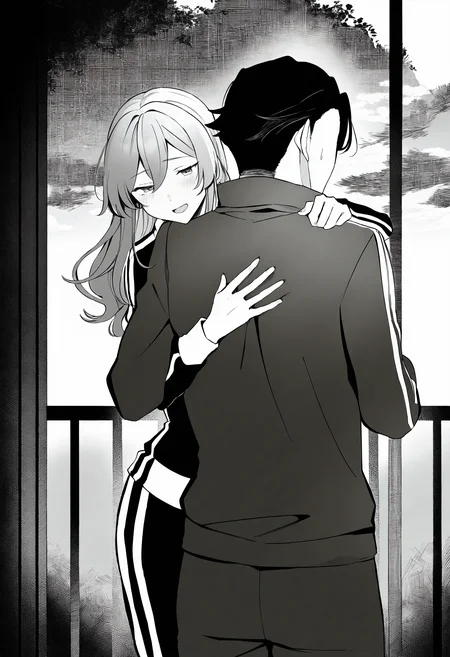 masterpiece, best quality, <lora:age_slider_v4:4>,detailed_background,outdoors,long sleeves,breasts,hug from behind,1girl,track suit,height difference,greyscale,absurdres,1boy,open mouth,monochrome,blush,short hair,height,yunamaro,large breasts,sweat,highres,long hair,hug