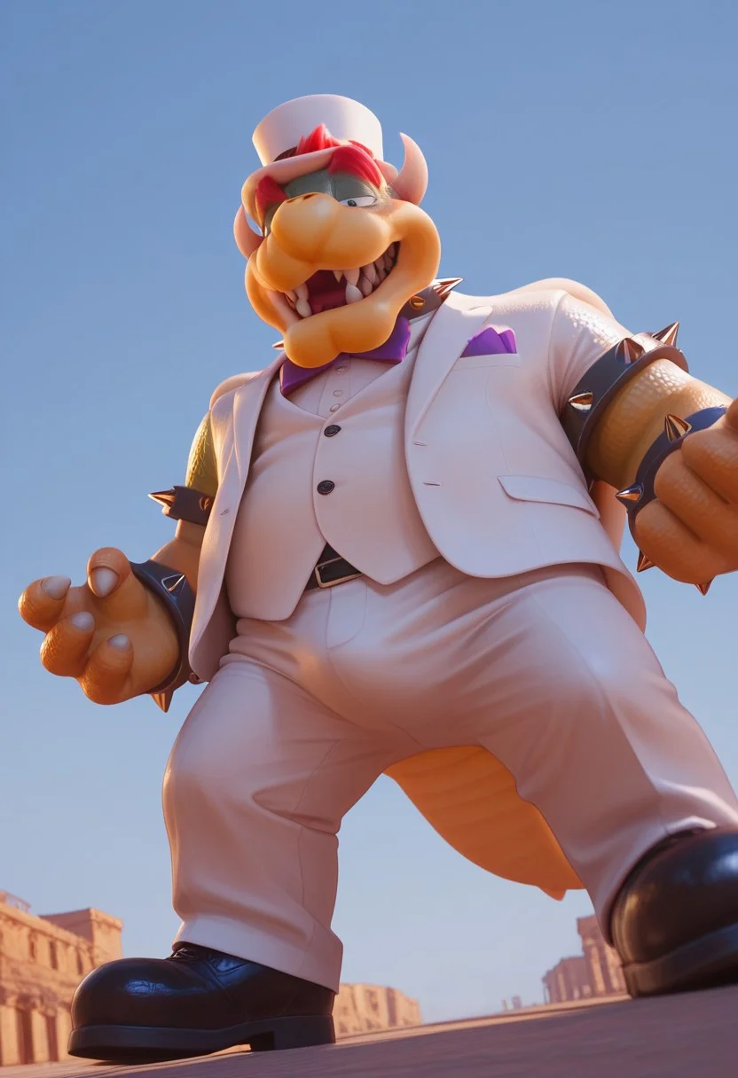 Masterpiece, Bowser, koopa, half closed eyes, smile, fangs, Sharp teeth Red hair, Spiked bracelets, spiked collar, realistic, detailed, daylight, outside, realistic, sexy, good angle , husband outfit, white top hat, white suit, Purple bow, white clothes, broad shoulders, fat, Full body, white pants, shoes, ((from below)), bulge, tail, blue sky