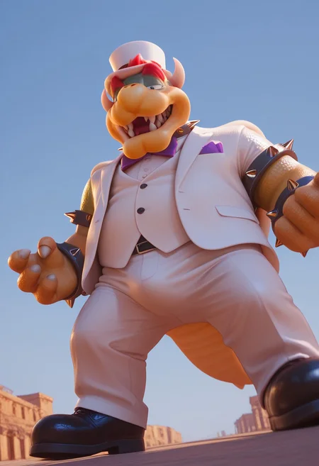 Masterpiece, Bowser, koopa, half closed eyes, smile, fangs, Sharp teeth Red hair, Spiked bracelets, spiked collar, realistic, detailed, daylight, outside, realistic, sexy, good angle , husband outfit, white top hat, white suit, Purple bow, white clothes, broad shoulders, fat, Full body, white pants, shoes, ((from below)), bulge, tail, blue sky