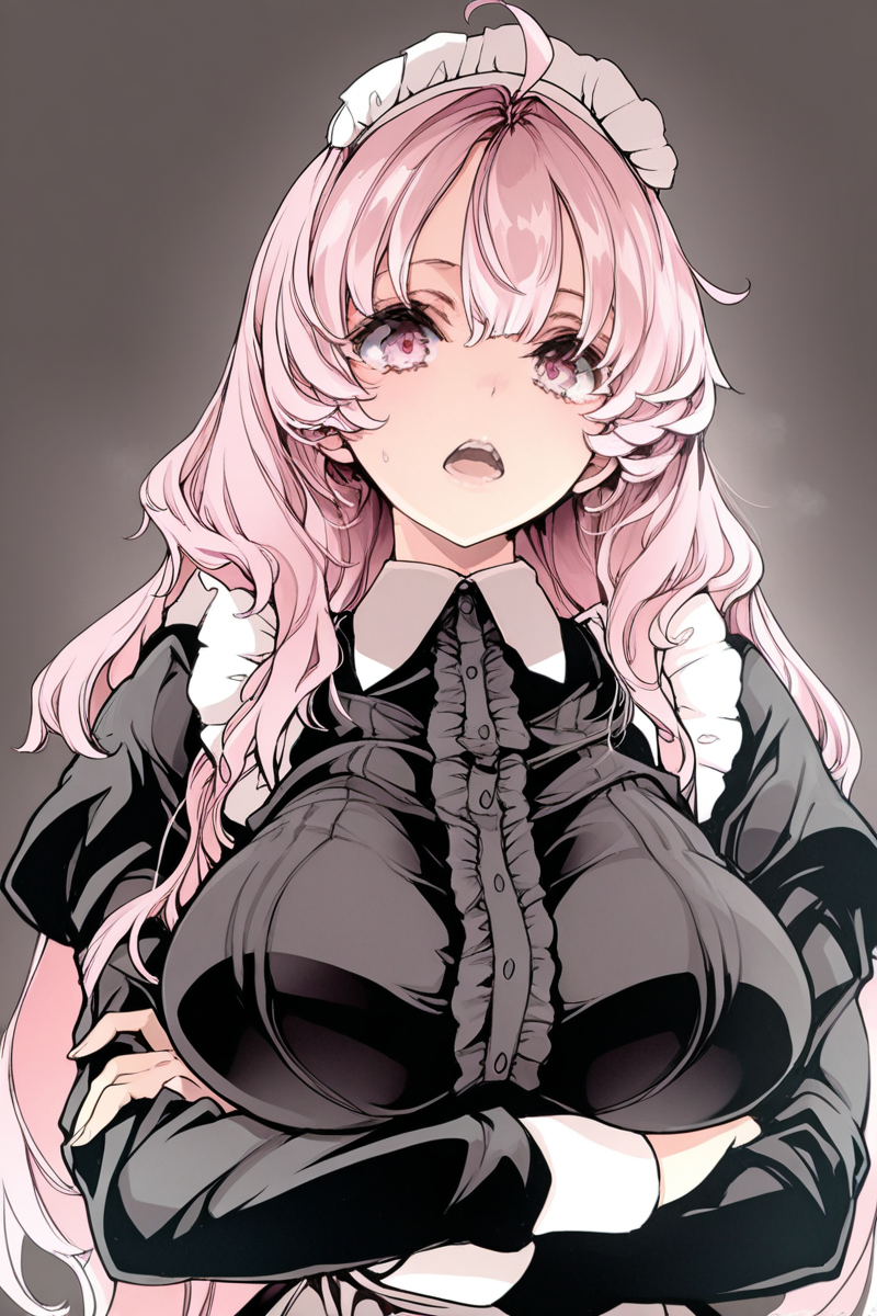 masterpiece, best quality, amazing quality,
 <lora:Okito_IL:1> okito, 1girl, breasts, solo, maid, long hair, open mouth, pink hair, maid headdress, large breasts, ahoge, pink eyes, looking at viewer, long sleeves, crossed arms, apron, frills