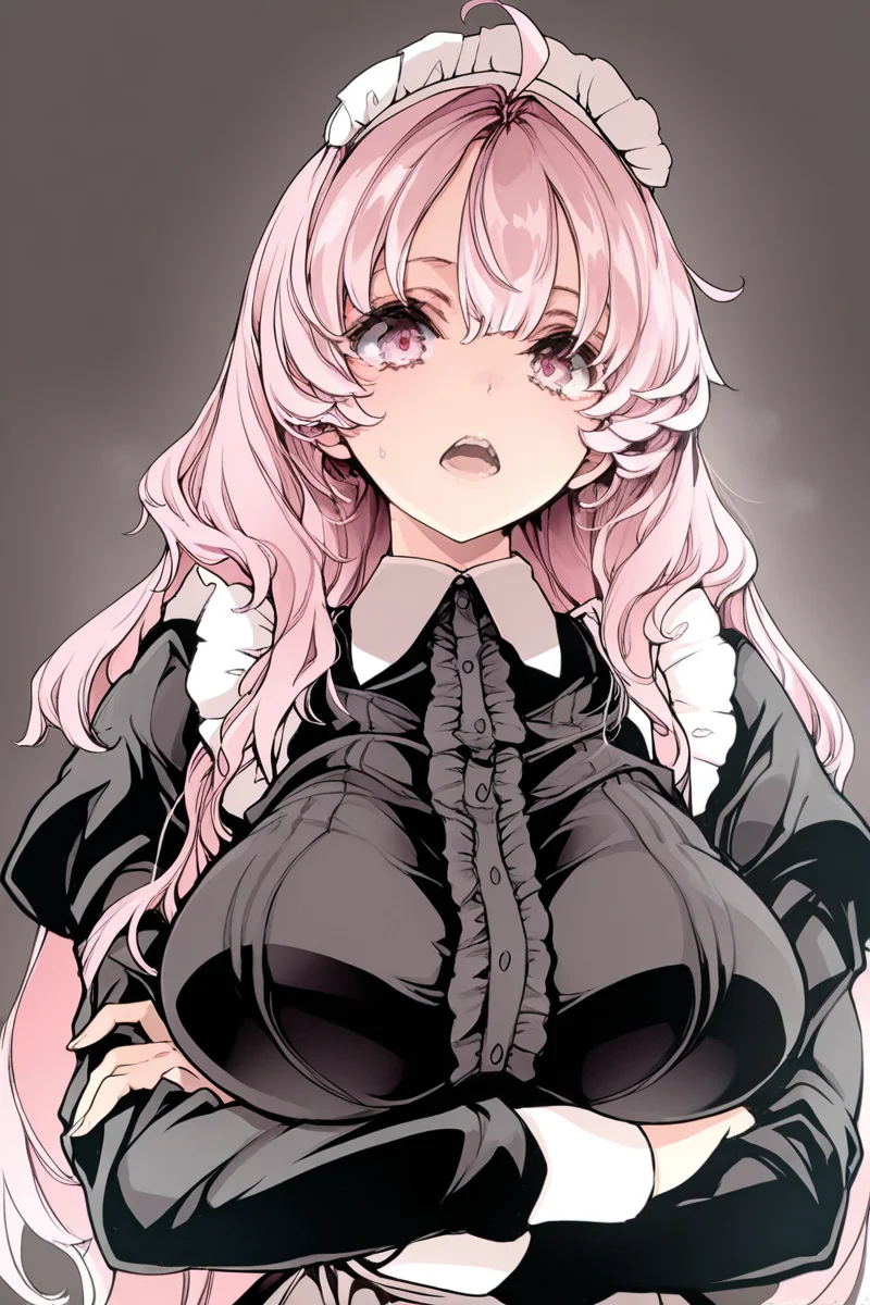 masterpiece, best quality, amazing quality,
<lora:Okito_IL:1> okito, 1girl, breasts, solo, maid, long hair, open mouth, pink hair, maid headdress, large breasts, ahoge, pink eyes, looking at viewer, long sleeves, crossed arms, apron, frills