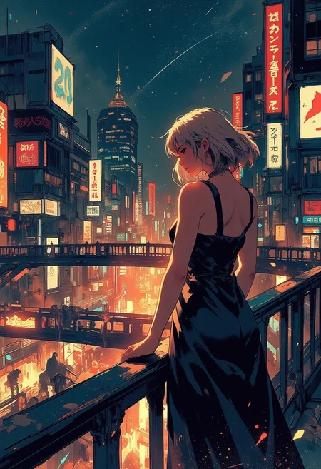 Mh1$AgThS2, intricate linework with expressive contrasts, soft lighting with dynamic highlights, image of a Japanese woman, blonde straight-cut bob, summer dress, standing on a pedestrian overpass looking down on a tokyo shopping area, downtown, silhouetted at night, chiascuro, dark sky, bokeh, stars, In the style of ff-td