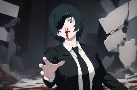 5fingers,1girl,blood,eyepatch,himeno \(chainsaw man\),solo,nosebleed,black hair,necktie,shirt,short hair,black necktie,collared shirt,white shirt,looking at viewer,reaching,reaching towards viewer,blue eyes,blood on face,blood from mouth,suit,jacket,formal,one eye covered,upper body,ruins,detail eyes,one hands,empty sleeve,
<lora:FractionalSaturation-NOOB05-ADAM:1.2>,masterpiece,best quality,amazing quality,very aesthetic,highres,absurdres,
<lora:Chainsaw man animation style-NOOB05-lokr-000024:0.8>,fs,