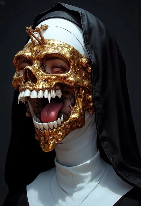 The image is a highly detailed, photorealistic digital artwork depicting a nun's face, rendered in a hyper-realistic style. The subject is a nun, recognizable by her distinctive white habit and black veil. However, her face is dramatically altered by a striking, golden, ornate mask that transforms her into a grotesque, otherworldly figure.