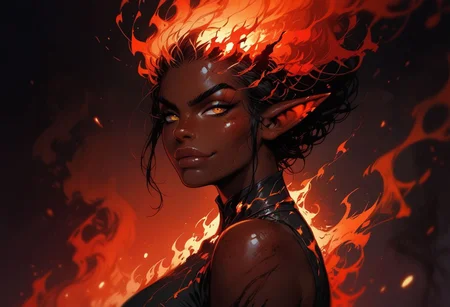 score_9, score_8_up, score_7_up, solo, elf, large breasts, (big lips:0.6), smirk, forest fire, teasing, night, ethereal, freckles, glowing hair, flame clothing, magical clothing, dark skin, perfecteyes, orange eyes, 1dk, sexy, braless, burnt skin, charred, evil, burning tree
