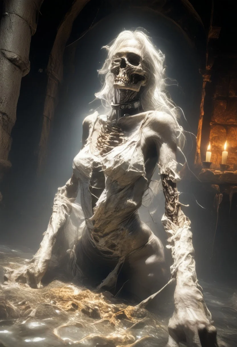 score_9, score_up_8, masterpiece, best quality, explicit, high detail,newest, safe, rating_explicit, fantasy, scary, horror, grotesque, nighttime, noticeable noise in dark areas, dynamic angle, full body shot, focus on face BREAK 1woman, undead woman, thin body, see-through body, collar bone, bony body, long straight,white hair, whitish eyes, alebastr skin, scars, holds a skull in his hand, angry expression, torn clothes, BREAK indoors, tomb, candles, dark theme, fog, dim white light from behind, dramatic light.