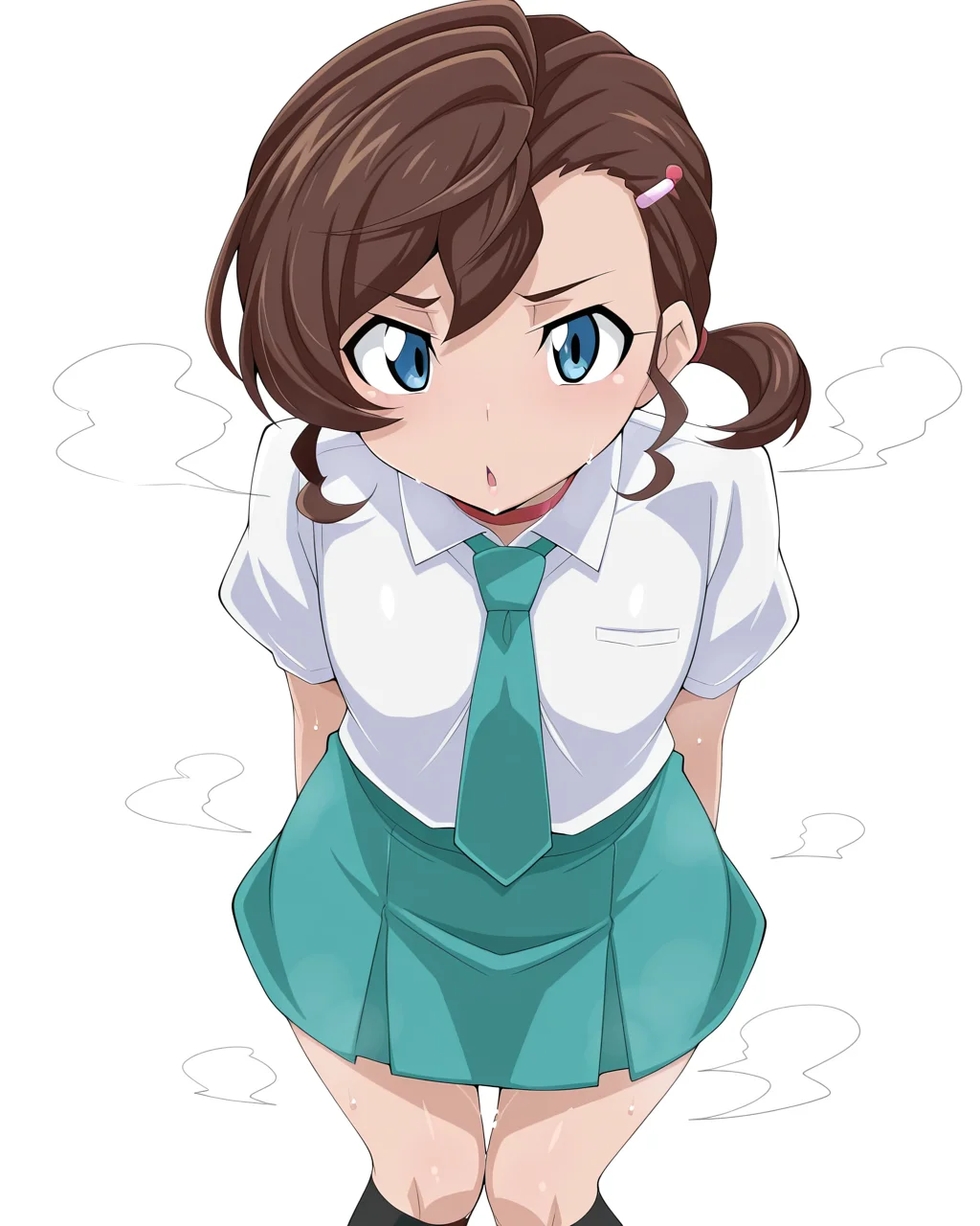 1girl, solo, inuyama mana,gegege no kitarou,brown hair,short hair,hairclip,blue eyes,white shirt,aqua skirt,aqua necktie,black socks, collar, chicago-x, steam, smell, steaming body, looking at viewer, cowboy shot, simple background, white background, masterpiece, best quality, very aesthetic, absurdres