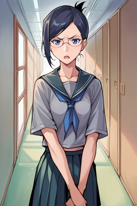 score_9, score_8_up, score_7_up, score_6_up, source_anime, BREAK 1girl, solo, <lora:isenanao-pdxl-nvwls-v1-000006:1> ise nanao, folded ponytail, glasses, grey shirt, serafuku, pleated skirt, open mouth, looking at viewer, hallway, annoyed