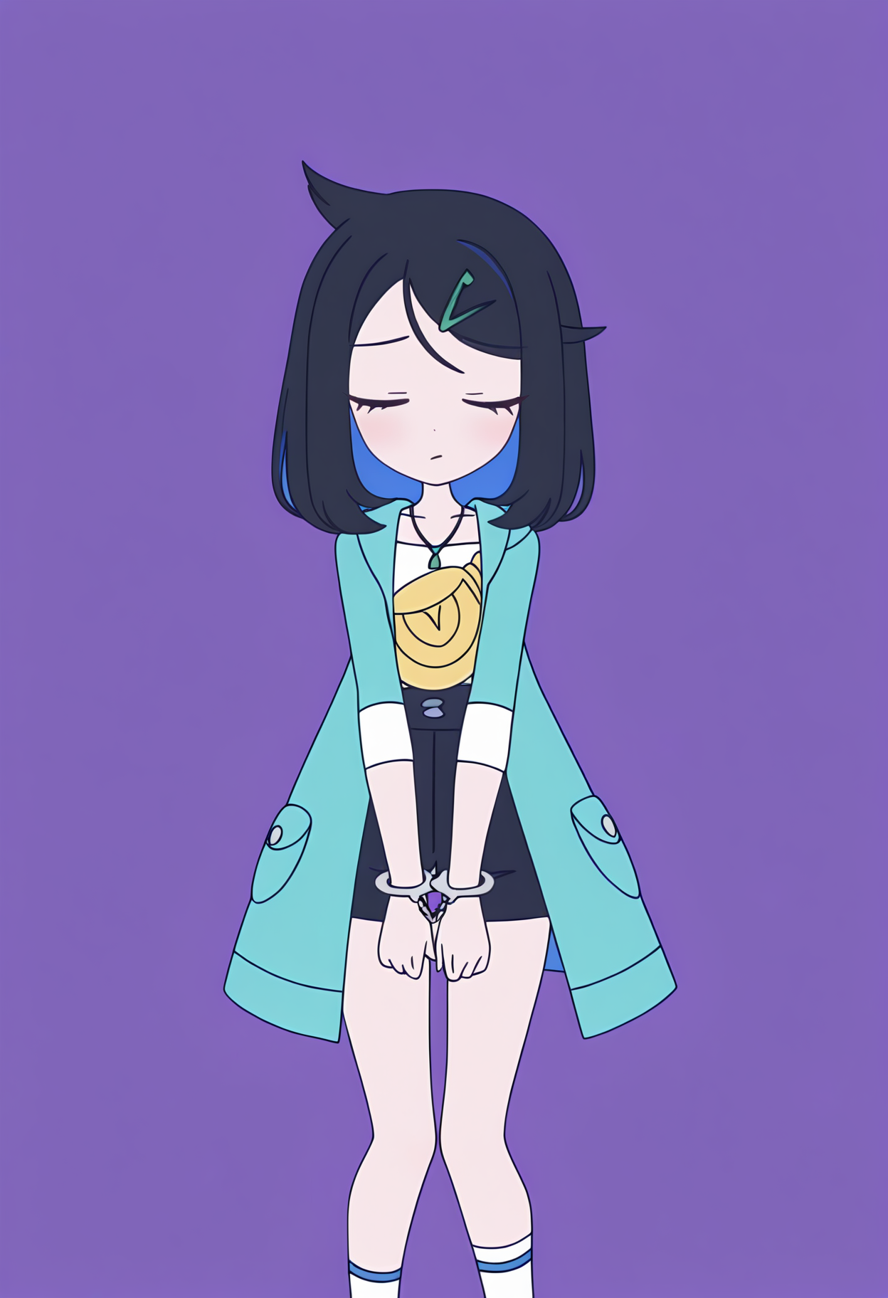 masterpiece, best quality, high resolution, source_anime, highly detailed illustration, detailed eyes, very aesthetic, absurdres, newest, amazing quality,
1girl, solo,
<lora:shiLikoV1ill:1>, shilikodef, bangs, blue eyes, black hair, multicolored hair, eyelashes, cowlick, hairclip, medium hair,
necklace, jewelry, hair ornament, sleeves past elbows, long sleeves,
white shirt, open jacket, blue jacket, open coat, hooded jacket, green coat, yellow bag,
blue shorts, black shorts, belt, white socks, shoe,
<lora:shiRabbitHoleStyleConceptV1ill:1>, shirbtlestyle,simple background, standing, closed eyes, feet out of frame, own hands together, facing viewer, two-tone background, purple background, v arms, handcuffs,