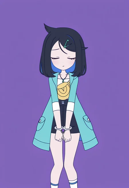 masterpiece, best quality, high resolution, source_anime, highly detailed illustration, detailed eyes, very aesthetic, absurdres, newest, amazing quality,
1girl, solo,
<lora:shiLikoV1ill:1>, shilikodef, bangs, blue eyes, black hair, multicolored hair, eyelashes, cowlick, hairclip, medium hair,
necklace, jewelry, hair ornament, sleeves past elbows, long sleeves,
white shirt, open jacket, blue jacket, open coat, hooded jacket, green coat, yellow bag,
blue shorts, black shorts, belt, white socks, shoe,
<lora:shiRabbitHoleStyleConceptV1ill:1>, shirbtlestyle,simple background, standing, closed eyes, feet out of frame, own hands together, facing viewer, two-tone background, purple background, v arms, handcuffs,