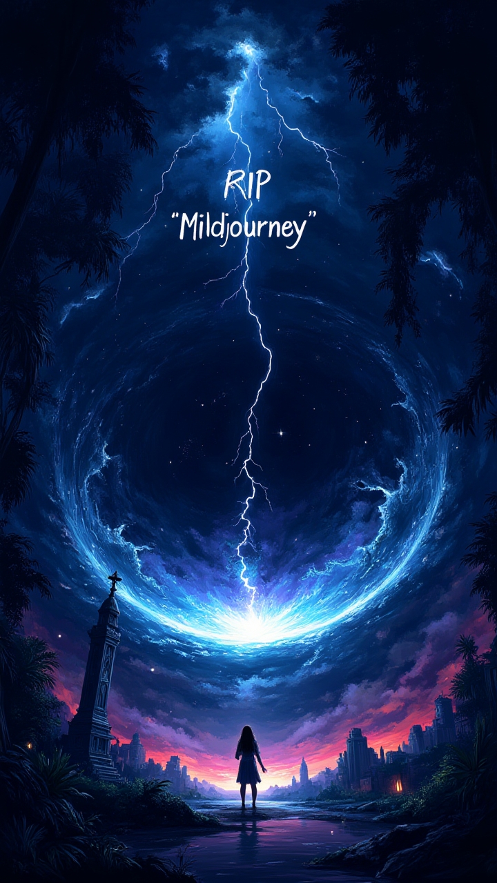 Magical Poster with Text:"RIP Midjourney", Mundane color, ground level shot of a Narrow Supermassive black hole, inside a Necropolis, Thunderstorm, Magewave, spotlight, ambient atmosphere, luxurious sharp focus, Illustration, cute, midjourneyv6.1