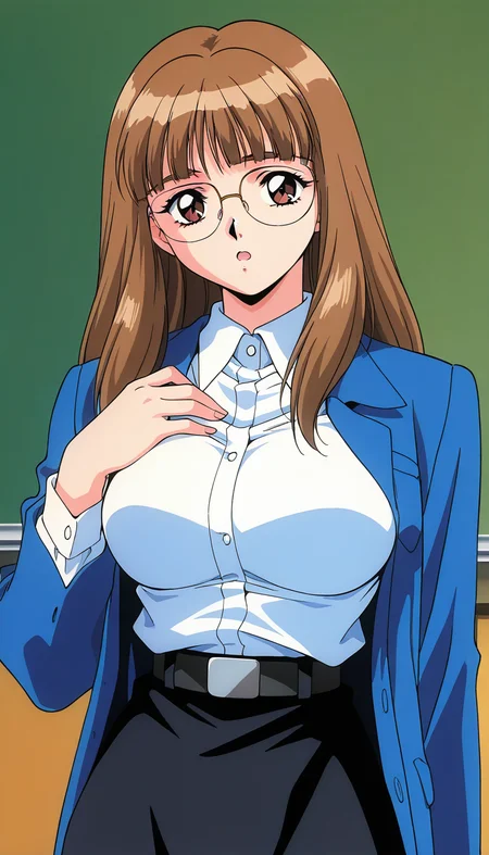 masterpiece, best quality, good quality, <lora:Iijima_Sensei_IS:1> Iijima_Sensei, 1girl,solo, brown hair, glasses, long hair, brown eyes,blunt bangs, large breasts, 1990s \(style\),anime coloring, 
looking at viewer,  upper body, open mouth, white shirt, long sleeves, collared shirt, blue jacket, black belt, black skirt, 
class room,