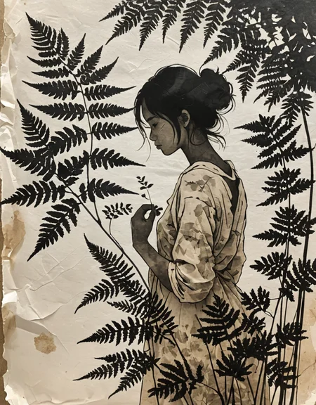 girl silhouette on rice paper, fern leaves, wabi-sabi, ink, watercolor, high contrast