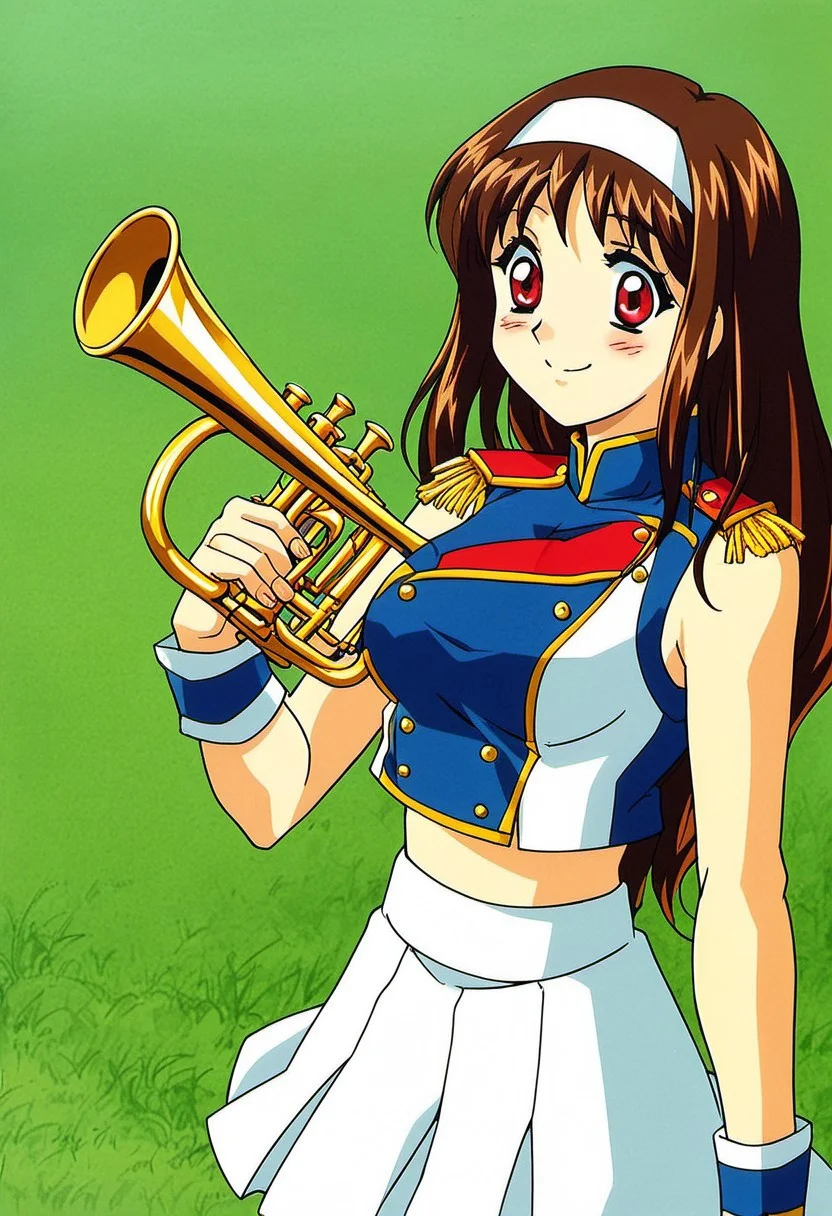 score_9, score_8_up, score_7_up, source_anime, Yuuki_Mizuho_OVA, 1girl,solo,long hair, brown hair, smile, closed mouth, white hairband, red eyes, breasts,, <lora:band-uniform-ponyxl-lora-nochekaiser:1> band uniform, marching band, shako cap, trumpet, epaulettes, instrument, sleeveless, skirt, white skirt, miniskirt, playing instrument, track and field, blush, smile,, cowboy shot,