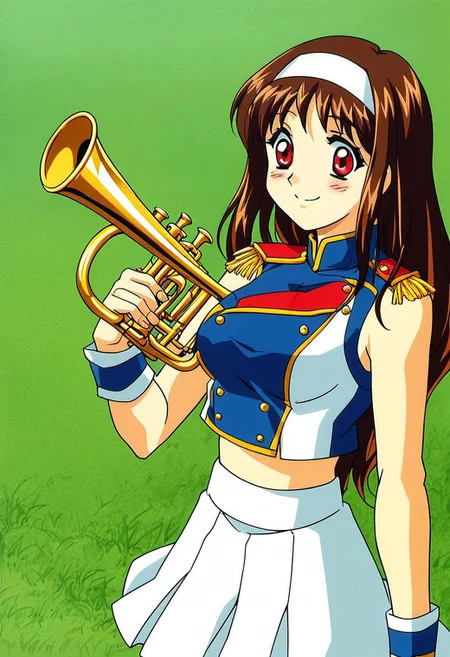 score_9, score_8_up, score_7_up, source_anime, Yuuki_Mizuho_OVA, 1girl,solo,long hair, brown hair, smile, closed mouth, white hairband, red eyes, breasts,, <lora:band-uniform-ponyxl-lora-nochekaiser:1> band uniform, marching band, shako cap, trumpet, epaulettes, instrument, sleeveless, skirt, white skirt, miniskirt, playing instrument, track and field, blush, smile,, cowboy shot,