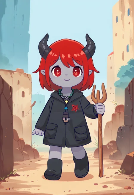 score_9, score_8_up, score_7_up, BREAK
highres, highly detailed, high resolution, high quality, 
source_anime, anime screencap, saturation, vivid colors, 
1girl, solo, luce, full body, standing, demon girl,
(dark red hair:1.2), (big dark red eyes:1.1), medium hair, cute, (grey skin:1.1), (horns:1.2), 
(long black raincoat:1.1), black rubber boots, 
pentagram necklace, holding one red trident, 
In the style of TOK,
pikaole,
stkyswt
blurry background, bokeh, city ruins background, street, dust, 
outlines,