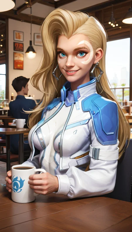 zPDXL3, <lora:OtherStyle_08:.8>, <lora:DaggerMR:.8>,
dggrmr, woman, blue eyes,facial mark,single earring,long blonde hair, medium breasts, white bodysuit,cropped jacket,long sleeves, looking at viewer, smiling, sitting, behind a table, inside cafe, upper body shot, holding coffee mug,