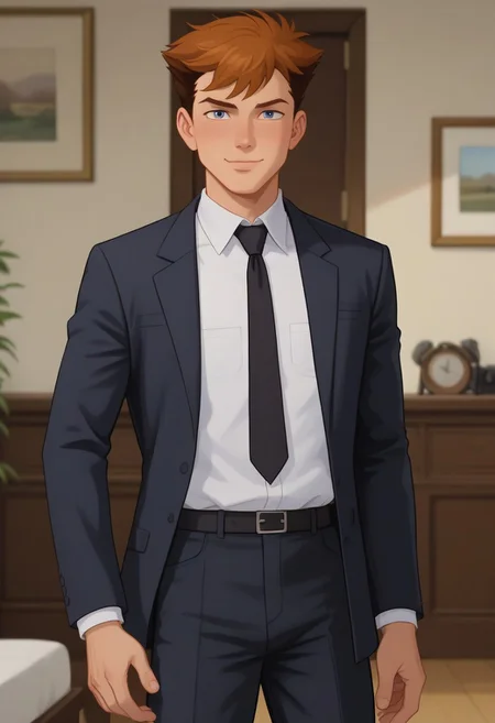 score_9, score_8_up, score_7_up, score_6_up, score_5_up, zPDXL3, zPDXLrl, source_anime, masterpiece, newest, highly detailed, absurdres, rating_explicit, zPDXLxxx, solo, 1boy, male focus, peter parker, light brown hair, blue eyes, tuxedo, suit, black necktie, collared shirt, formal attire, black pants, indoors, slim, skinny, perfect face, closed mouth, cowboy shot, standing, intricate detail, petite, twink, anime_screencap, skin texture, cute, pretty, posing for camera, smirk