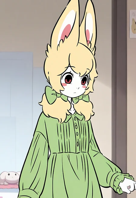 <lora:xiaoyu:1>,xiaoyu,1girl,solo,furry female,black eyes,red eyes,blonde hair,twintails,hair bow,animal ears,white skin,
green dress,dress,long sleeves,green bow,, masterpiece,best quality,amazing quality,absurdres, anime screenshot,