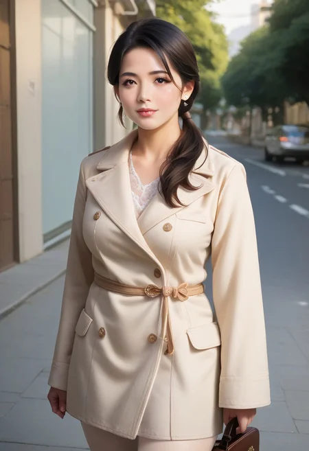 score_9, score_8_up, score_7_up, 35mm photography, highly detailed, sharp focus, source_anime, 1milf,mature asia housewife, solo，(beige buckle long coat),Bare knees ,low ponytail, black hair,(beautiful face), beautiful eyes,eye-shadow,Long eyelashes， perfect cute face, plump face,Round cheeks, dignified，mild ，Long legged，sole，standing,  (satchel)， Street，tree，