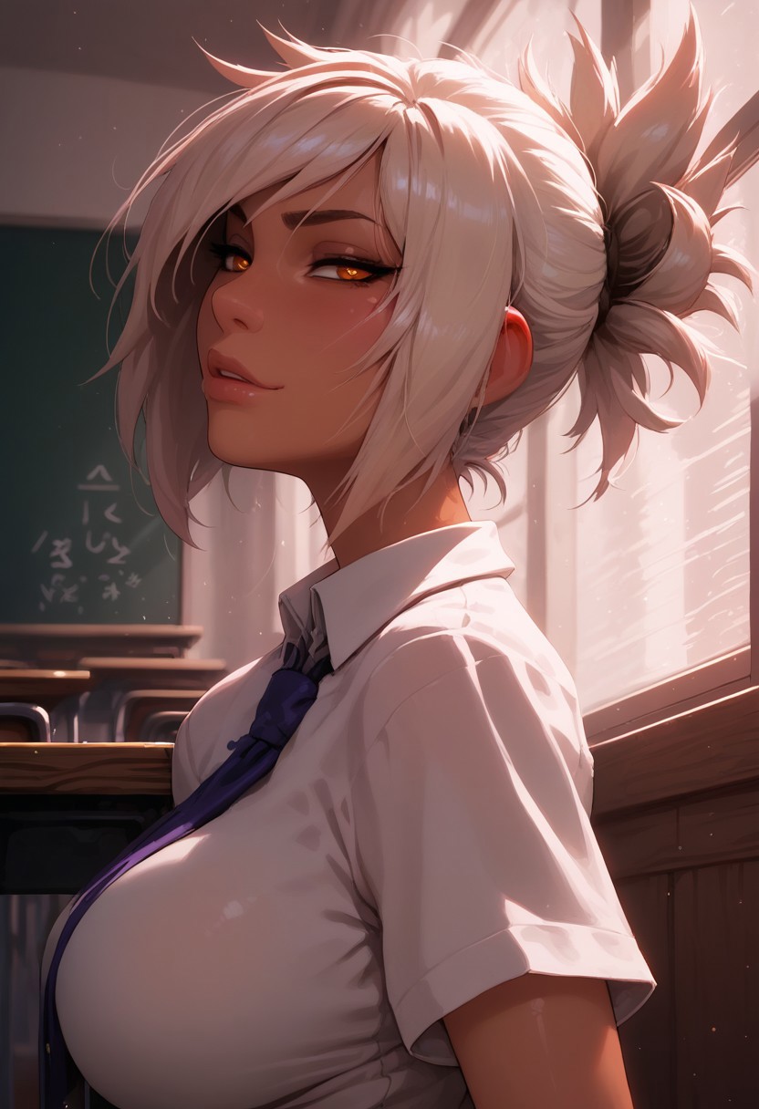 masterpiece,best quality, highly detailed, score_9, score_8_up, score_7_up, score_6_up,source_anime, perfect eyes, 1girl, Riven, tan, looking at viewer, school outfit, big breasts, blush, shiny skin, short hair, seductive face, classroom, seated, from the side, close-up, portrait