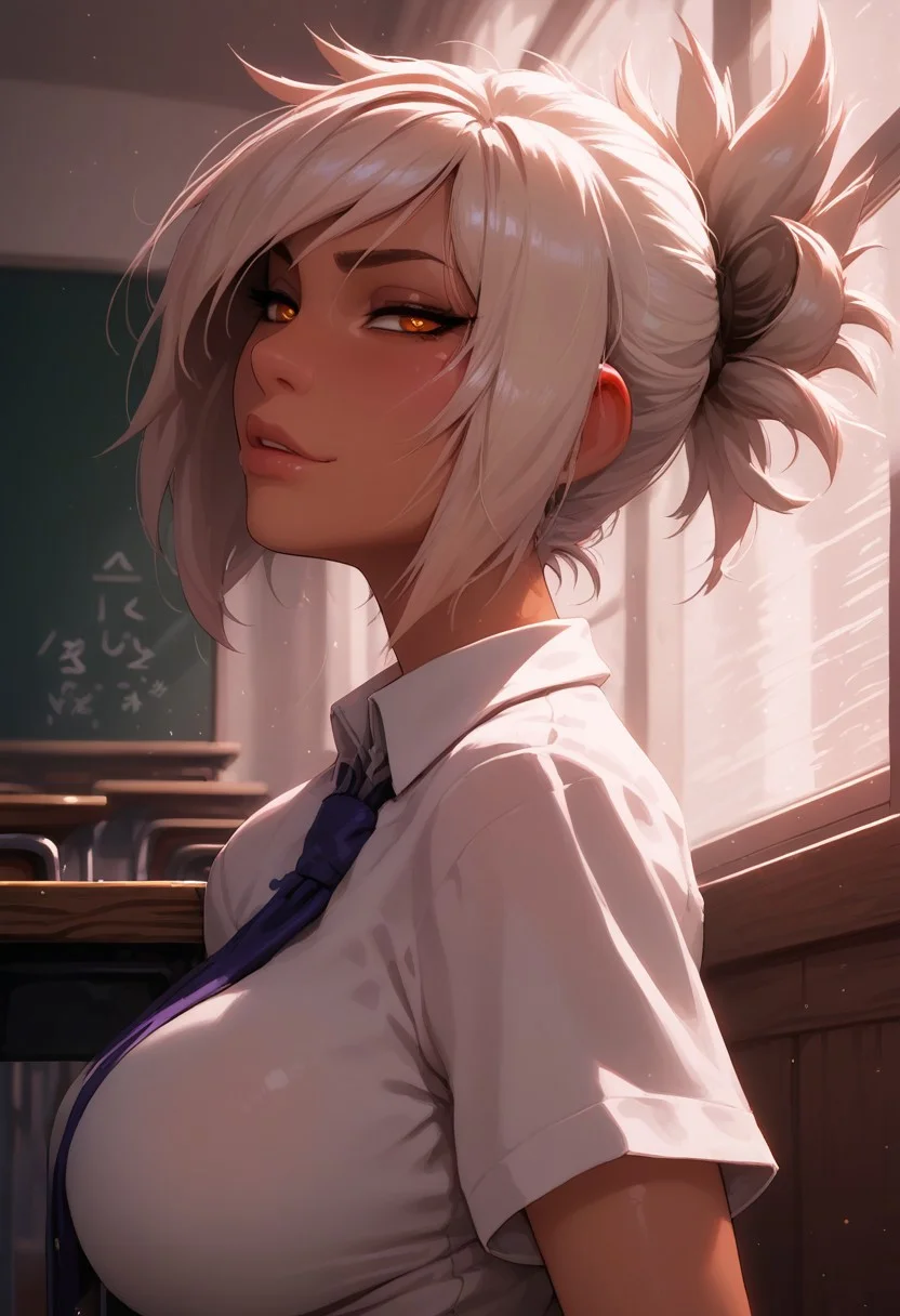 masterpiece,best quality, highly detailed, score_9, score_8_up, score_7_up, score_6_up,source_anime, perfect eyes, 1girl, Riven, tan, looking at viewer, school outfit, big breasts, blush, shiny skin, short hair, seductive face, classroom, seated, from the side, close-up, portrait