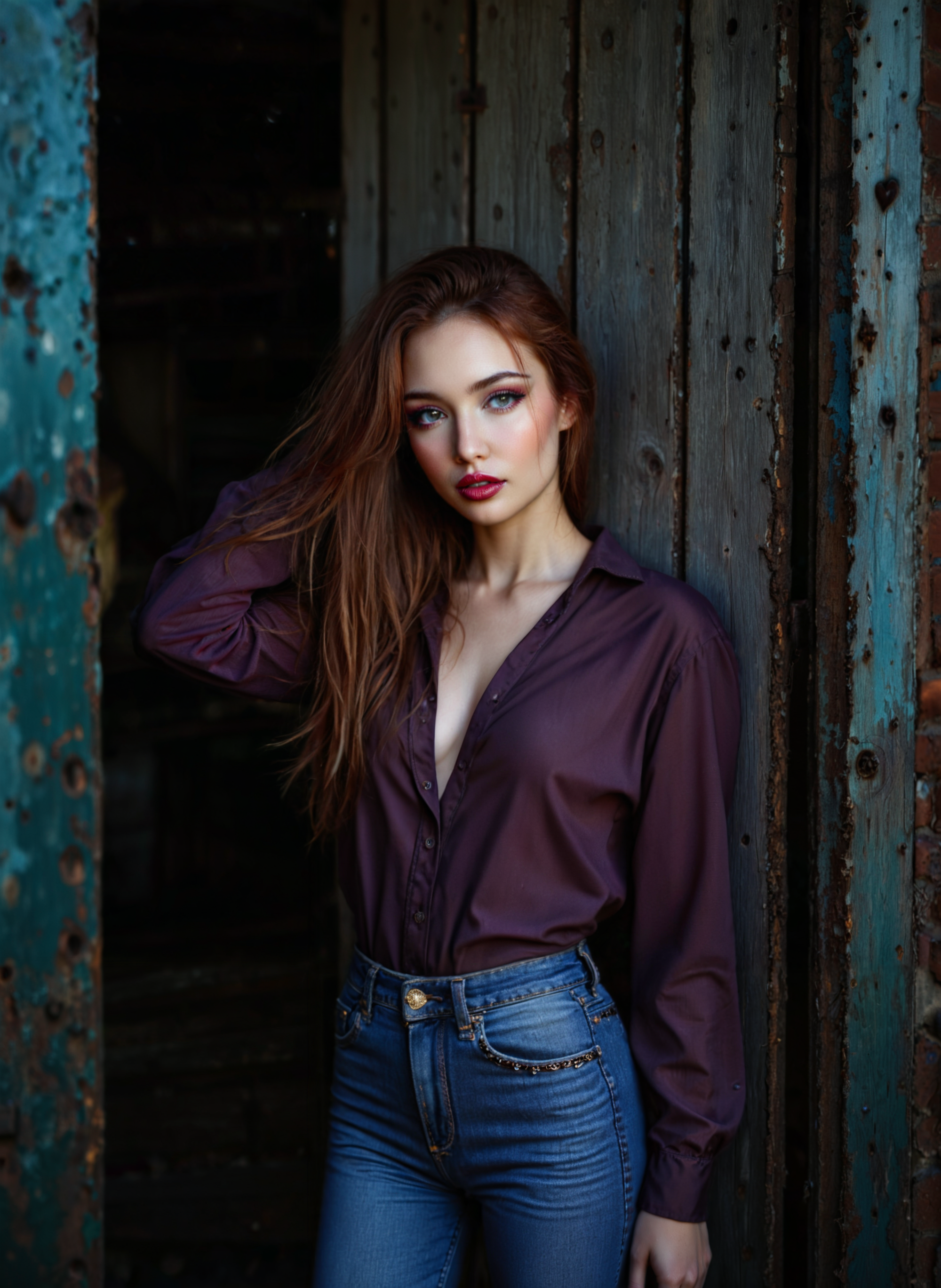 cinematic film still a young woman standing in front of a wooden door. She is wearing a purple button-down shirt and blue jeans. Her long red hair is styled in loose waves and falls over her shoulders. She has a serious expression on her face and is looking directly at the camera. The background is dark and the lighting is soft, creating a moody atmosphere. The door appears to be old and weathered, with peeling paint and rust visible on the wood. The overall mood of the image is mysterious and edgy. Shallow depth of field, vignette, highly detailed, high budget, bokeh, cinemascope, moody, epic, gorgeous, film grain, grainy. <lora:add-detail-xl:.5>  <lora:Flux-style-xl-lora:.5>