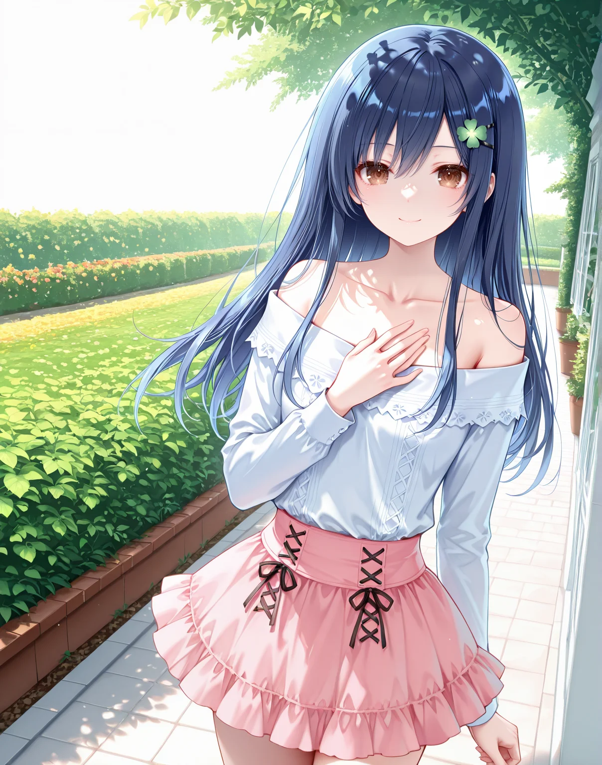 masterpiece,best quality,newest,absurdres,highres,soft shadows,year2024,mutou kurihito,(kimishima ao:0.7),(hiten \(hitenkei\):0.4),(sheya:0.4),
1girl,<lora:shioriXLNAI:1>,itsuka shiori,1girl,blue hair,brown eyes,hairclip,four-leaf clover hair ornament,smile
<lora:misakioffXLNAI:1.2>,offshirt,off-shoulder shirt,collarbone,microskirt,miniskirt,pink skirt,layered skirt,
standing,garden,hand on own chest,