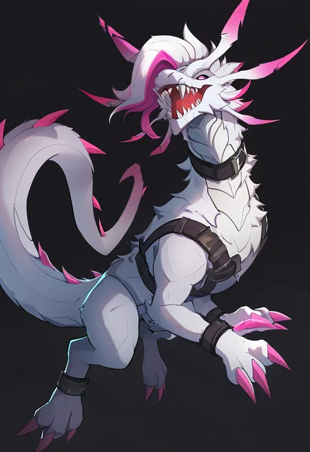 best quality,masterpiece,absurdres,newest,digimon new century,ncrender,solo,no humans,belts,digimon_(creature),sharp teeth,dragon,tail,briar_(league of legends),white hair,pink highlights,two-tone hair,pale skin,pointy ears, simple background,black background