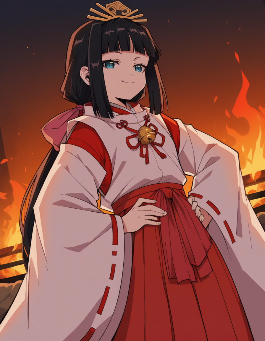score_9, score_8_up, score_7_up, source_anime, <lora:nigewaka-shizuku-s1-ponyxl-lora-nochekaiser:1>, shizuku, long hair, bangs, blue eyes, black hair, blunt bangs,, japanese clothes, bell, miko, skirt, long sleeves, ribbon, wide sleeves, red ribbon, ribbon trim, hakama, hakama skirt, jingle bell, ribbon-trimmed sleeves, miko, red hakama,, backyard, barbecue, grilling, laughter, summer evening, , , smug, hand on hips,, solo,, cowboy shot, dutch angle