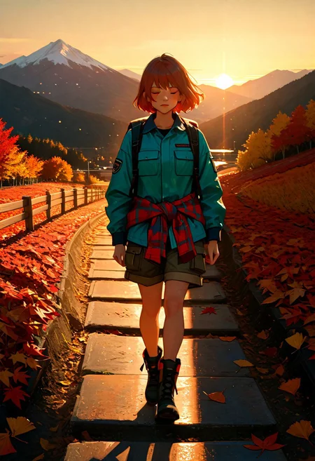 1girl, anime style, athletic build, stocky girl, short spiky auburn hair, freckles, cargo shorts, retro windbreaker, flannel tied around waist, hiking boots, walking, mountain path, autumn leaves, sunset light, windblown, peaceful expression, glowing horizon, cinematic lighting, volumetric lighting, makoto shinkai style, photo background, wide shot, chiaroscuro, ultra-detailed, absurdres, highres, hdr, 8k, masterpiece, best quality, very aesthetic, newest
BREAK, photorealistic, ,  volumetric lighting, dappled light, light particles, , cinematic lighting, photo background,
easynegative, negative_hand, usnr, 748cmstyle