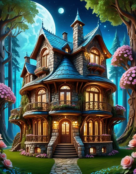 art nouveau style, high quality, masterpiece, forest scene, cute 3 storey stone round house, lots of windows, chimneys, flowers at the front, night time <lora:extremely_detailed:0.4> extremely detailed   <lora:BorkStyle:0.8> Jed-brk  <lora:CS3:0.8> Cyberspace, Digital Cyberspace theme, ((created by glowing magical energy in cyberspace)) , elegant, decorative, curvilinear forms, nature-inspired, ornate, detailed