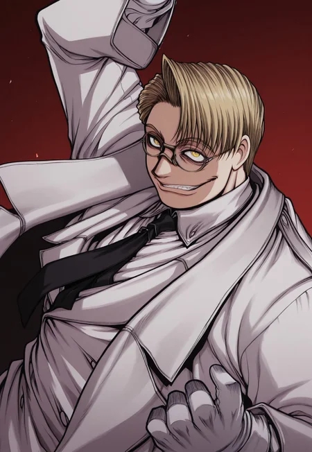 score_9, score_8_up, score_7_up, masterpiece, best quality, amazing quality, very aesthetic, absurdres, 1boy, solo, male focus, blonde hair, short hair, yellow eyes, glasses, white overcoat, white jacket, white shirt, collared shirt, black necktie, white gloves, evil smile,evil grin,crazy eyes, dynamic pose, close-up,