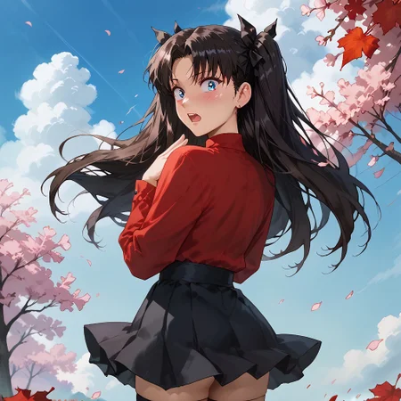 masterpiece,best quality, highly detailed, score_9, score_8_up, score_7_up, Expressiveh, tohsaka rin, 1girl, solo, from behind, looking at viewer, (wind), shiny skin,
BREAK
long hair, black hair, twintails, hair ribbon. blue eyes, wide-eyed, open mouth, surprised, embarrassed, full-face blush, floating hair, wavy mouth,
BREAK red shirt, long sleeves, narrow waist, miniskirt, black skirt, floating clothes, skirt lift, wind lift, skirt tug, v arms, ass, (buttplug), black thighhighs,
BREAK outdoors, blue sky, leaf, petals, wind,