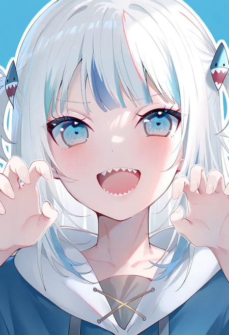 <lora:Rag:1>, best quality, masterpiece, miwano rag, gawr gura, gawr gura \(1st costume\), claw pose, upper body, blush, open mouth, sharp teeth, smile, :D, frown, white outline, blue background, simple background