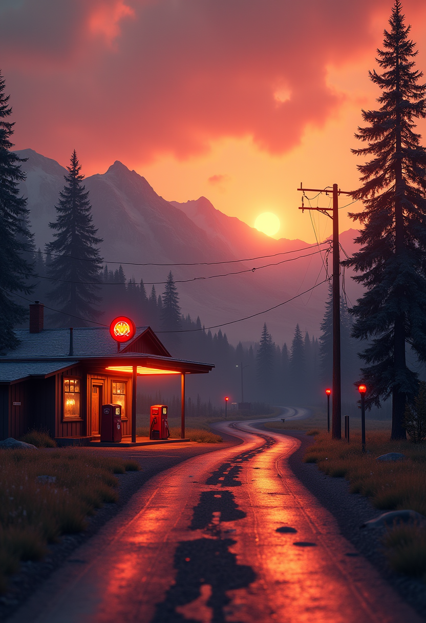 A small town road with an old town gas station, sunset sky, mountain and pine tree background nostalgic, very melancholic, dramatic lighting, 8K, octane render, unreal engine, art by artgerm and greg rutkowski and alphonse mucha