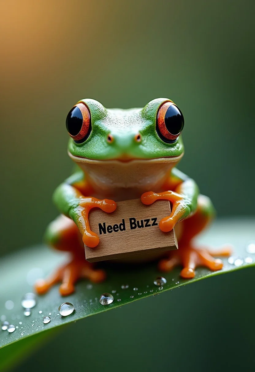 A close-up, professional photograph of of a tiny frog perched on the edge of a dew-covered leaf at dawn, holding a small wooden plaque between its delicate front feet. The plaque is etched with the words "Need Buzz". The frog’s skin is a vibrant mix of emerald green and golden hues, with intricate veins and tiny bumps visible in stunning detail. Its large, glossy eyes reflect the soft morning light, capturing the misty surroundings. Tiny droplets cling to its skin and the leaf, shimmering like crystals in the early sunlight. The background fades into a gentle blur of earthy greens and browns, focusing attention on the frog and its quirky message in this quiet, magical moment.