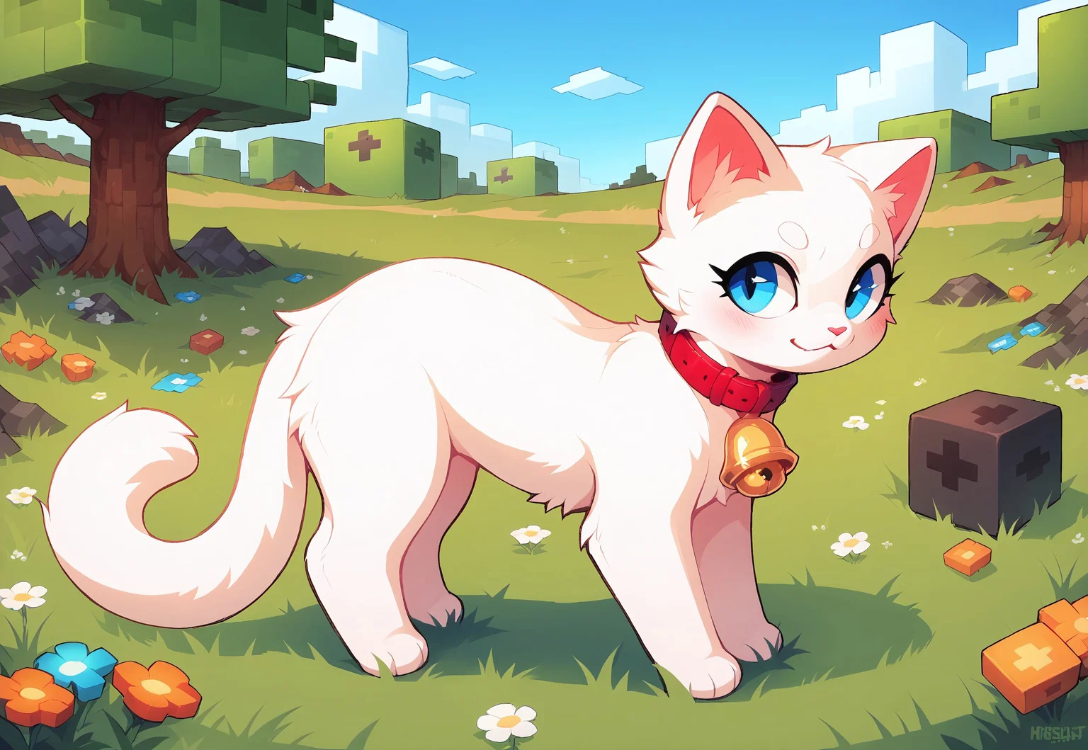 score_9, score_8_up, score_7_up, score_6_up,
feral, solo, domestic cat, white fur, blue eyes, red collar, bell, Minecraft, blocks, outside, grass, flowers, trees, clouds, detailed background, cinematic lighting,