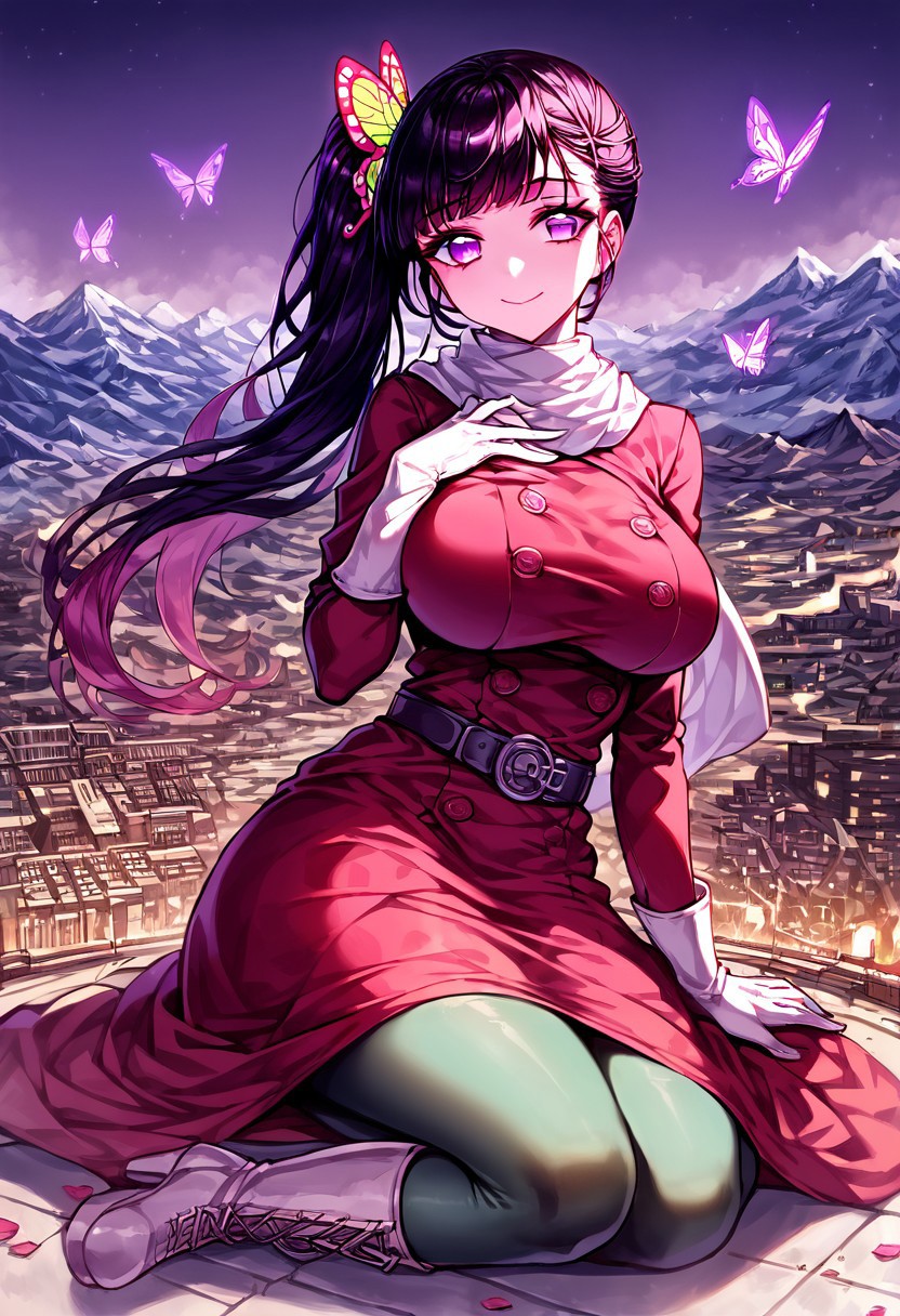 gorgeous lips, cinematic, (masterpiece), (best quality), (ultra-detailed), very aesthetic, perfect composition, intricate details, absurdres, detailed face, (anime, masterpiece, intricate:1.3), (best quality, hires textures, high detail:1.2), score_9, score_8_up, score_7_up, source_anime, 1girl, kanao tsuyuri, black hair, pink highlights, butterfly, butterfly hair ornament, purple eyes, long hair, side ponytail, ponytail, eyelashes, hair ornament, scarf, dress, red dress, long sleeves, buttons, gloves, white gloves, belt, pantyhose, green pantyhose, laced heel boots, white footwear, skirt, flower patterns, alternate_costume, enormous breasts, facial expression, kind, soft eyes, head tilt, slightly smiling, closed mouth, hand on breasts, goddess, building size, giantess, growing even bigger, sitting on the city floor, gradient eyes, beautiful detailed eyes, city background, mountain landscape, city, mountain, building, skyscrapers, surrounded by tall skyscrapers, (masterpiece:1.4), (best quality:1.4), (ultra-detailed:1.2), gl0w, glow,